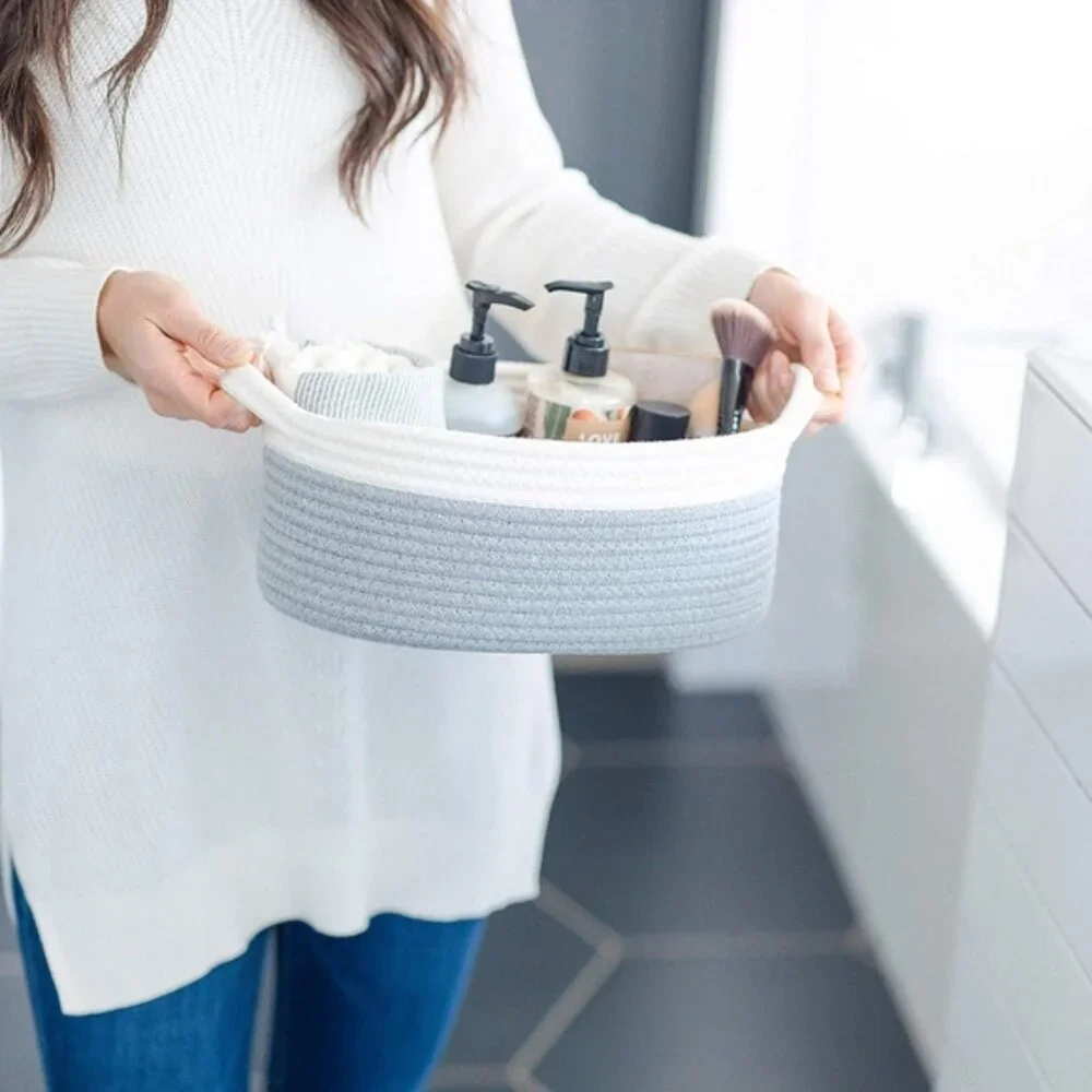 Oval Cotton Rope Storage Basket Set | Set of 3 | Neutral Off-White & Gray